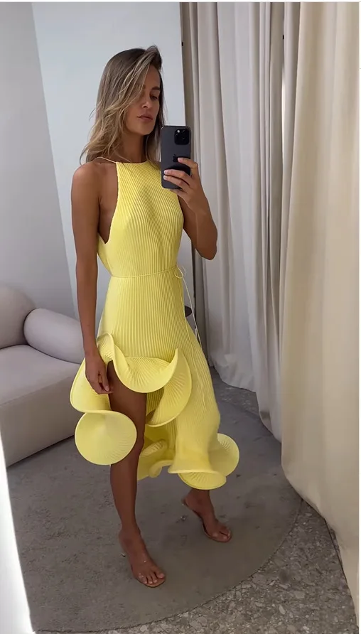 Kadın Zarif Sarı Askılı Uzun E - Maxi Dress Halter incelemesi ve fiyatı